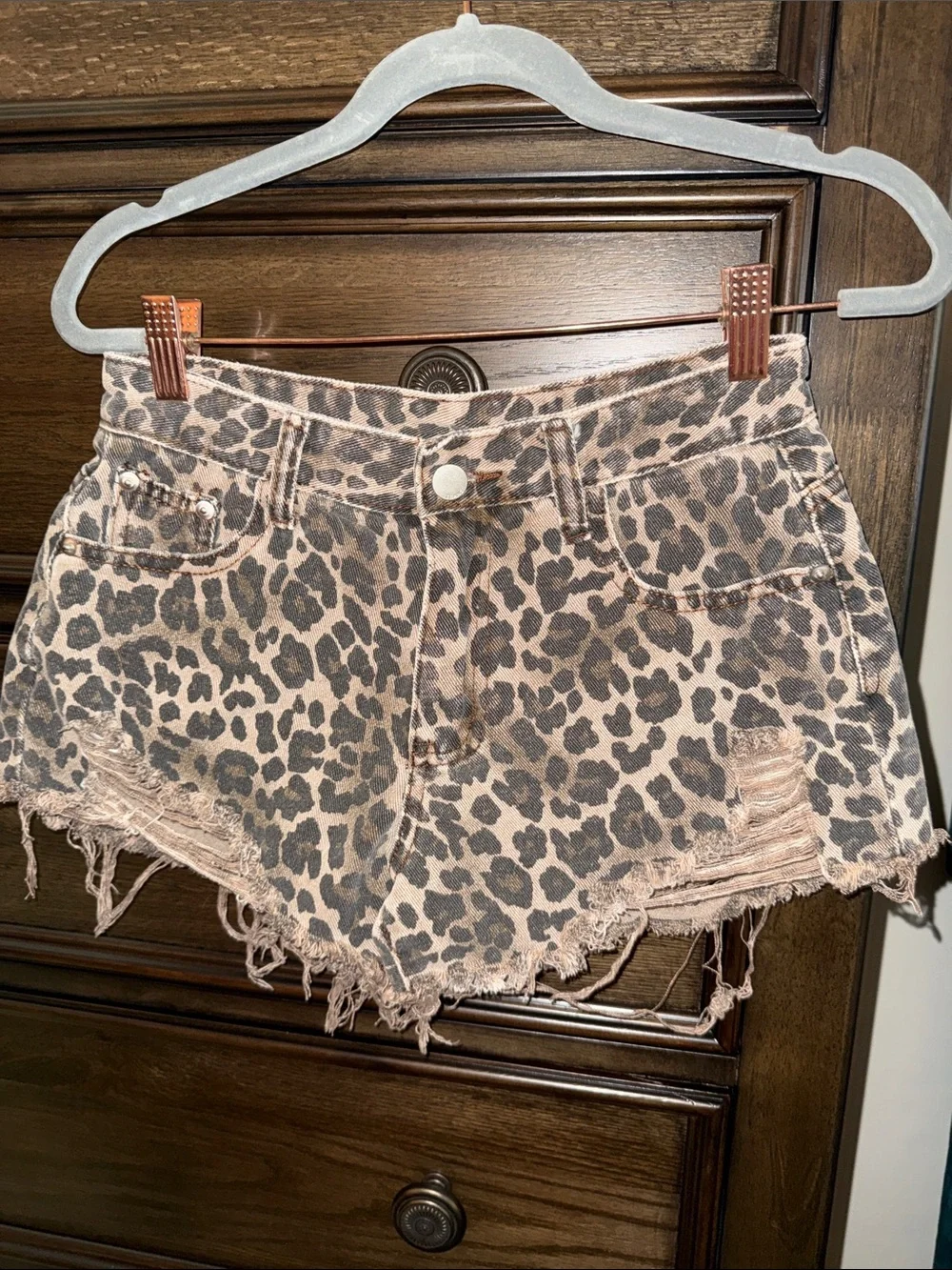 Leopard Print Distressed Women’s Denim Shorts - Brown Cheetah